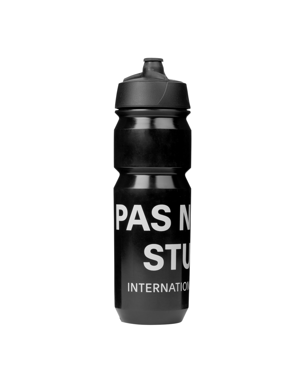 Black Escapism cycling water bottle, front view with bold white text print #Color_Black