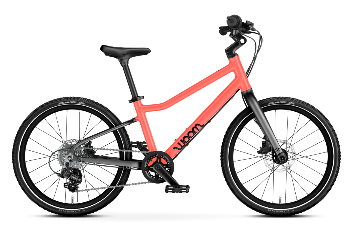 Bicicleta infantil woom EXPLORE 4 en Coral neón, lateral #Color_Coral neón