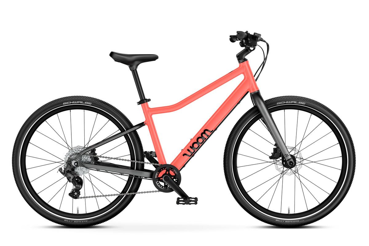 Bicicleta infantil woom EXPLORE 5 en Coral neón, lateral #Color_Coral neón