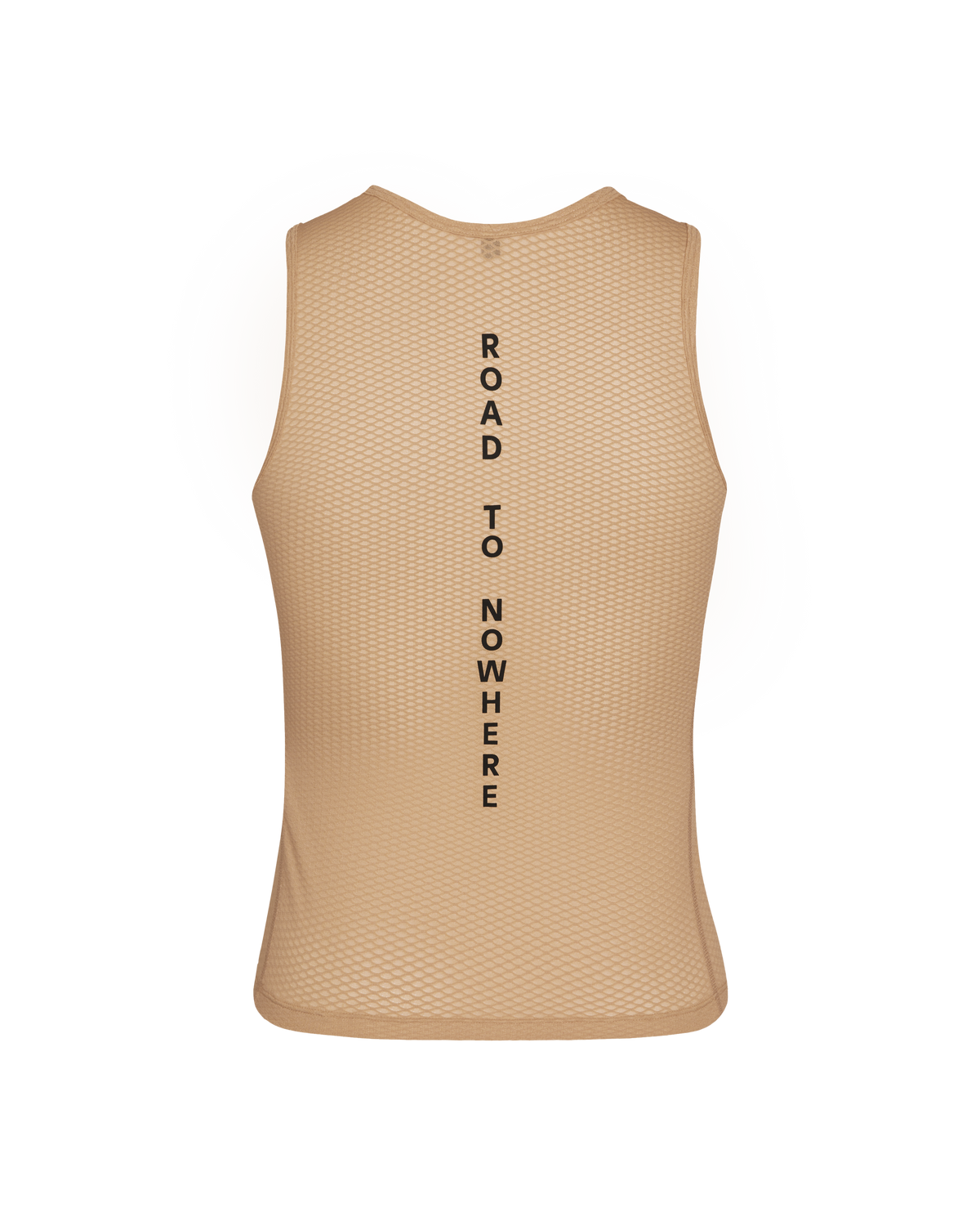 Camel Mechanism sleeveless cycling base layer, back view with vertical text print and mesh texture #Color_Camel