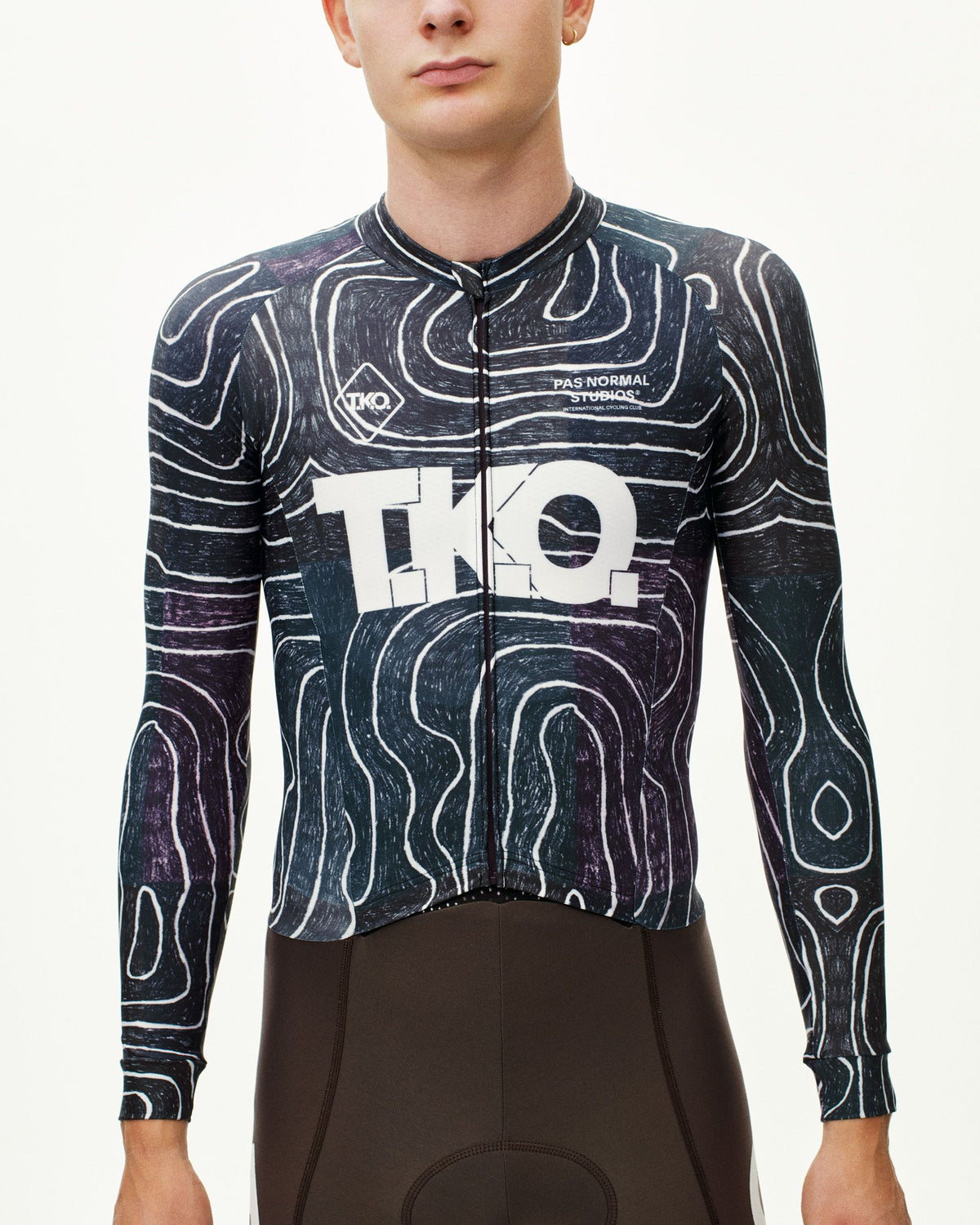 Black T.K.O. thermal speedsuit on model, front view with topographic allover print and large chest logo #Color_T.K.O. Black Multi