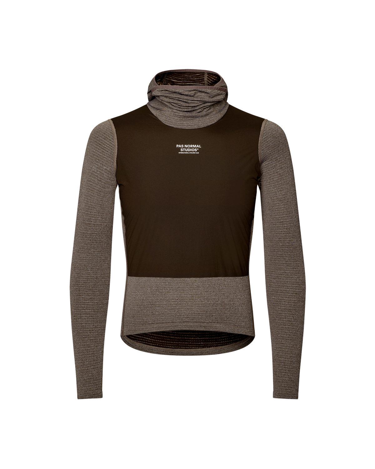 Dark Coffee brown Thermal Hooded Windproof cycling base layer, front flat lay with ribbed sleeves and integrated neck gaiter #Color_Dark Coffee