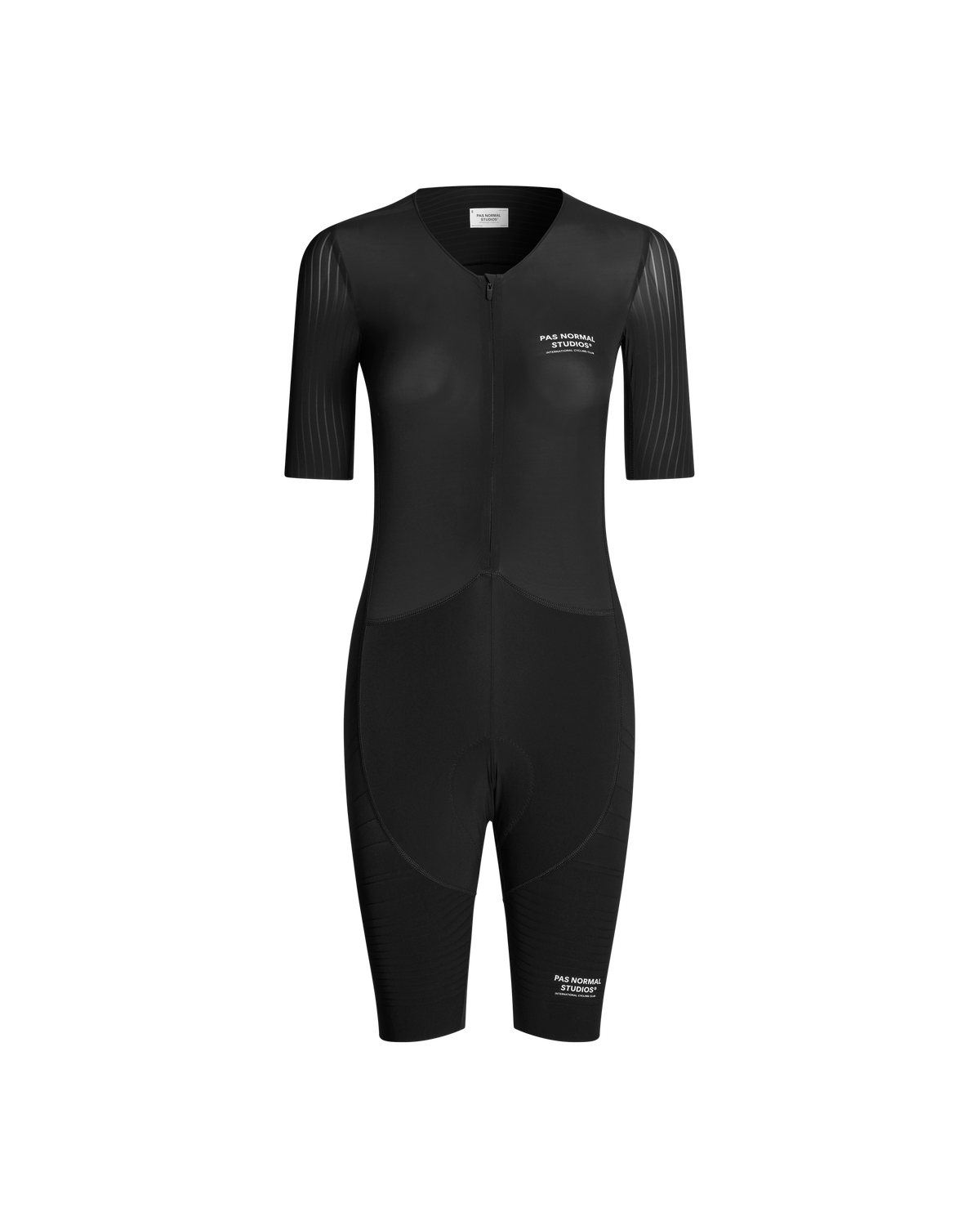 Black Mechanism Pro speedsuit, front flat lay with aerodynamic sleeve panels #Color_Black