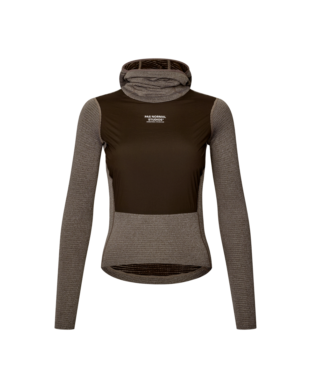 Dark Coffee brown Essential cycling base layer, front flat lay with hooded neck and dark windproof chest panel #Color_Dark Coffee