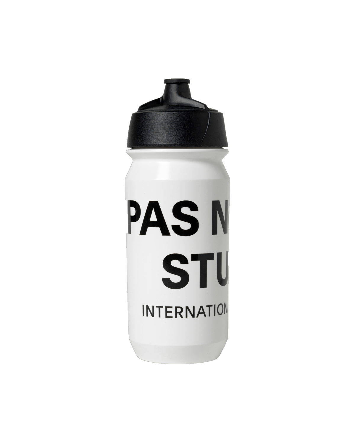White Essential Logo cycling water bottle with black cap and text #Color_White