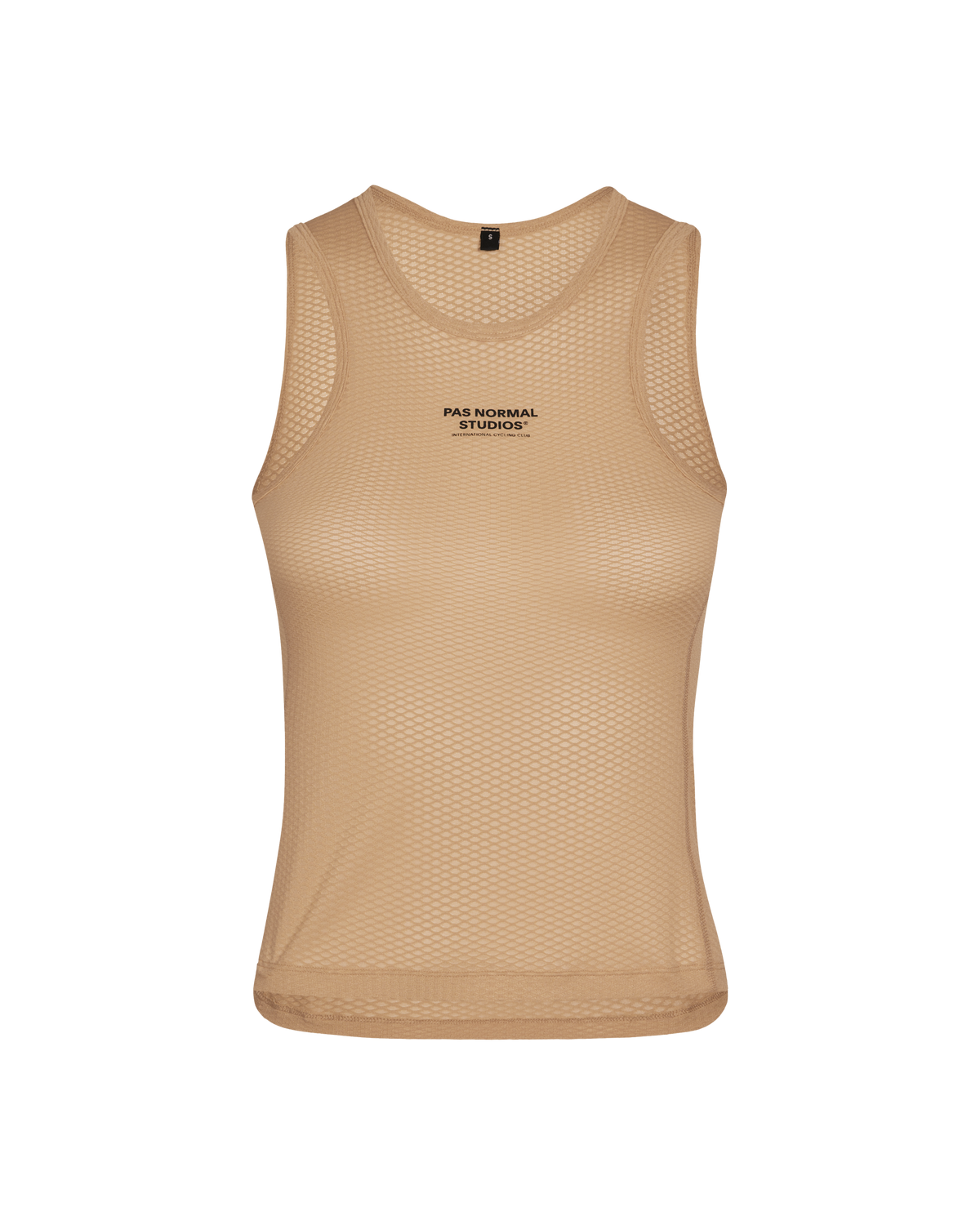Camel Mechanism cycling base layer, front flat lay with mesh construction #Color_Camel