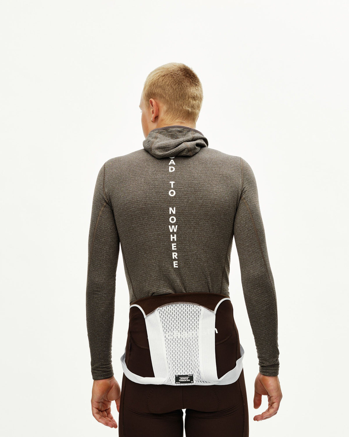 Dark Coffee brown Thermal Hooded Windproof cycling baselayer on model, rear view with vertical white back print #Color_Dark Coffee
