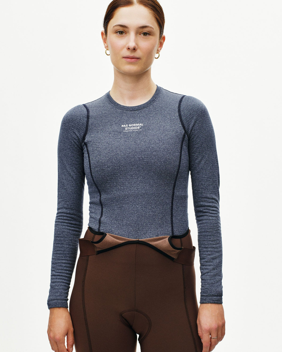 Navy thermal long sleeve base layer on model with contrast seaming #Color_Navy