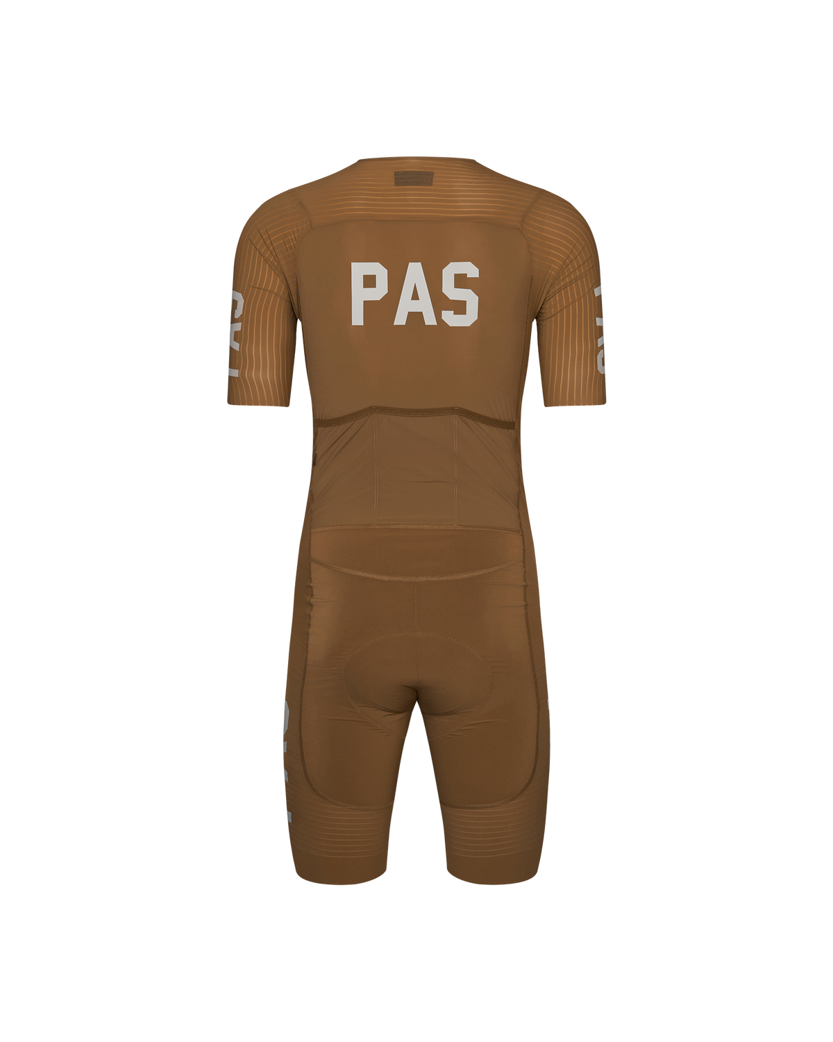 Brown PAS Mechanism Pro speedsuit, rear view with white PAS logo and striped sleeve detail #Color_Brown
