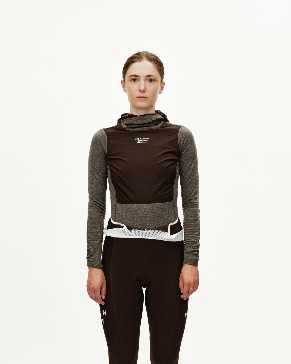 Dark Coffee brown women's Thermal Hooded Windproof cycling base layer, front view on model with white chest logo #Color_Dark Coffee