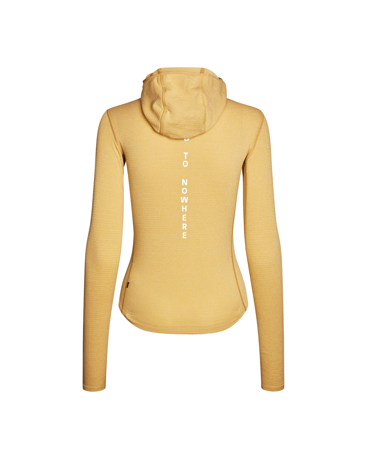 Yellow Thermal Hooded Windproof base layer, rear view with white spine text "TO NOWHERE" #Color_Camel / Maroon