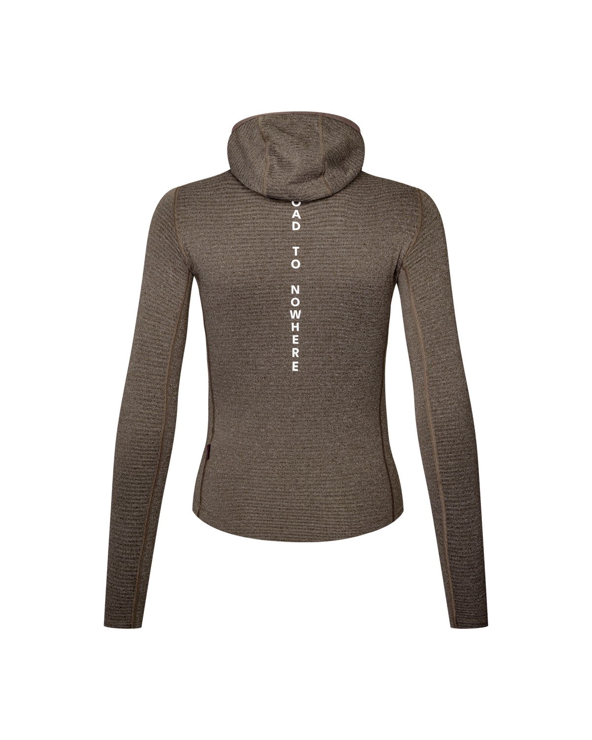 Dark Coffee brown women's thermal hooded baselayer, rear flat lay with vertical white back print #Color_Dark Coffee