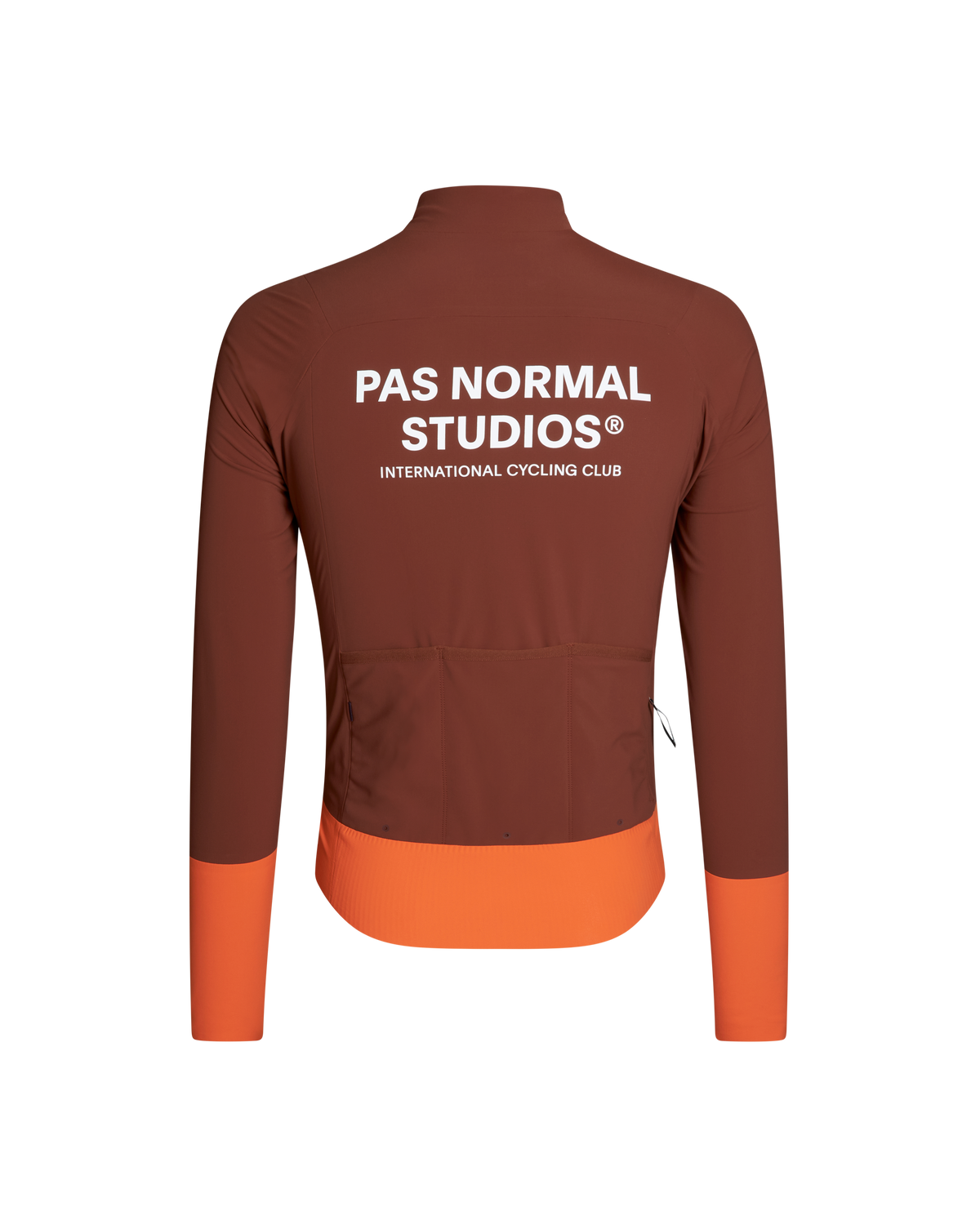 Brown Mechanism Thermal cycling jacket, rear view with orange contrast hem and cuffs #Color_Mahogany / Dark Orange