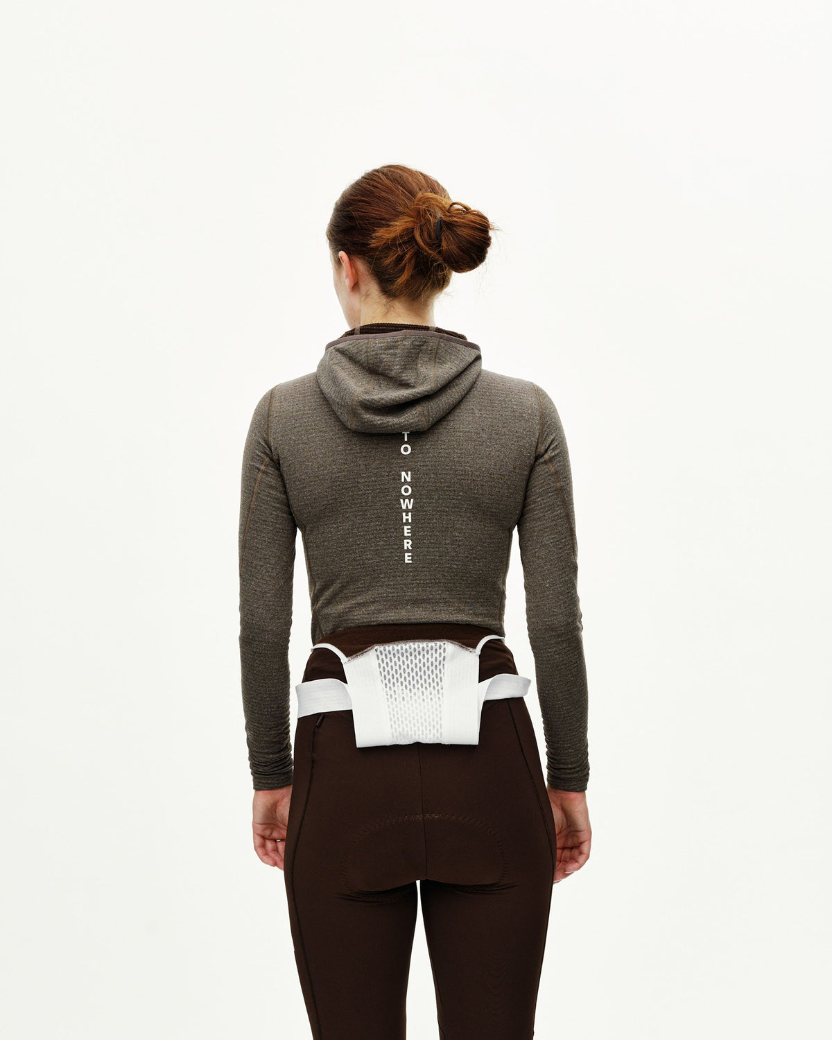 Dark Coffee women's thermal hooded baselayer windproof, rear view on model with TO NOWHERE back print #Color_Dark Coffee
