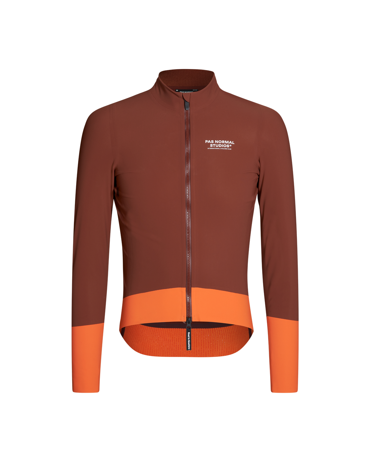 Brown Mechanism Thermal cycling jacket, front view with orange lower panels and cuffs #Color_Mahogany / Dark Orange