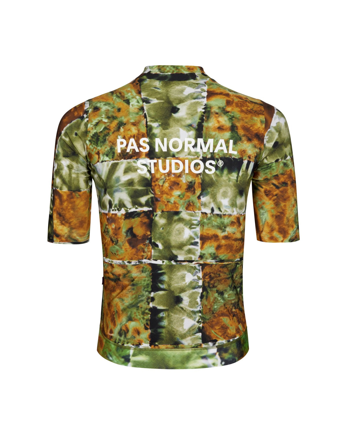 Maillot Corto Pas Normal Studios Essential en Kaleidoscope Green, producto plano, vista trasera sobre fondo #Color_Kaleidoscope Green