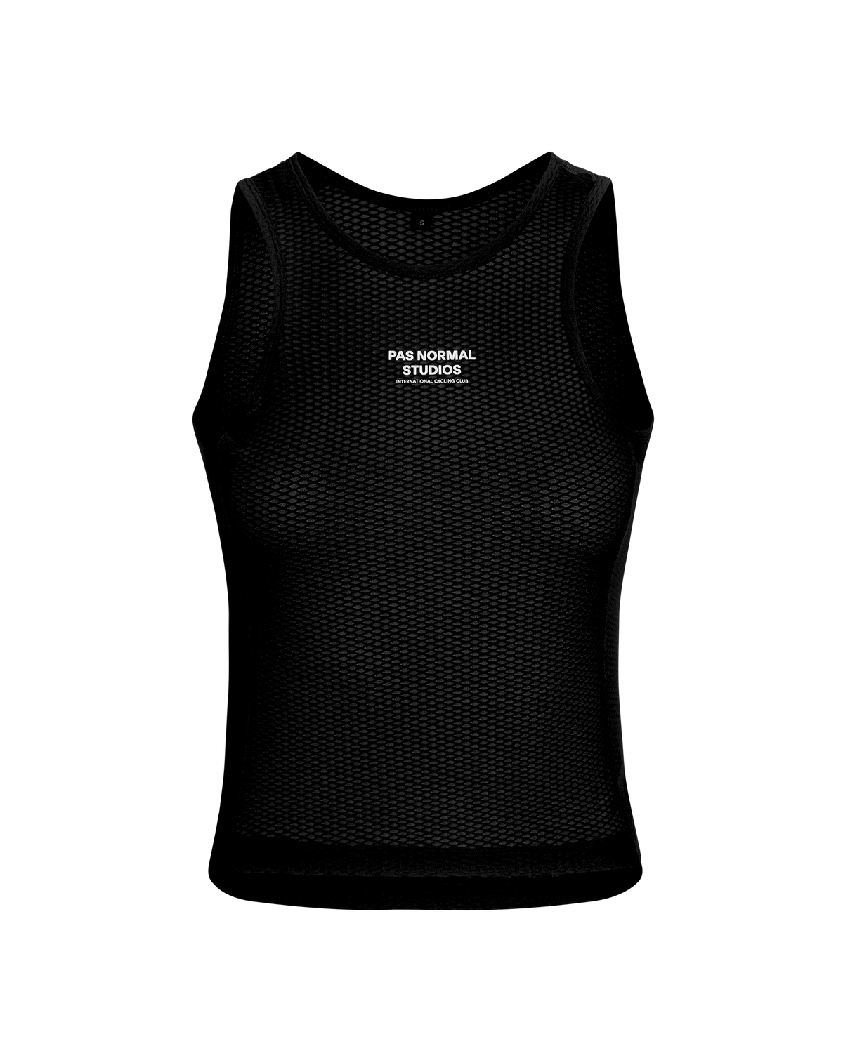 Black Mechanism cycling base layer, front view with mesh construction and white chest logo #Color_Black