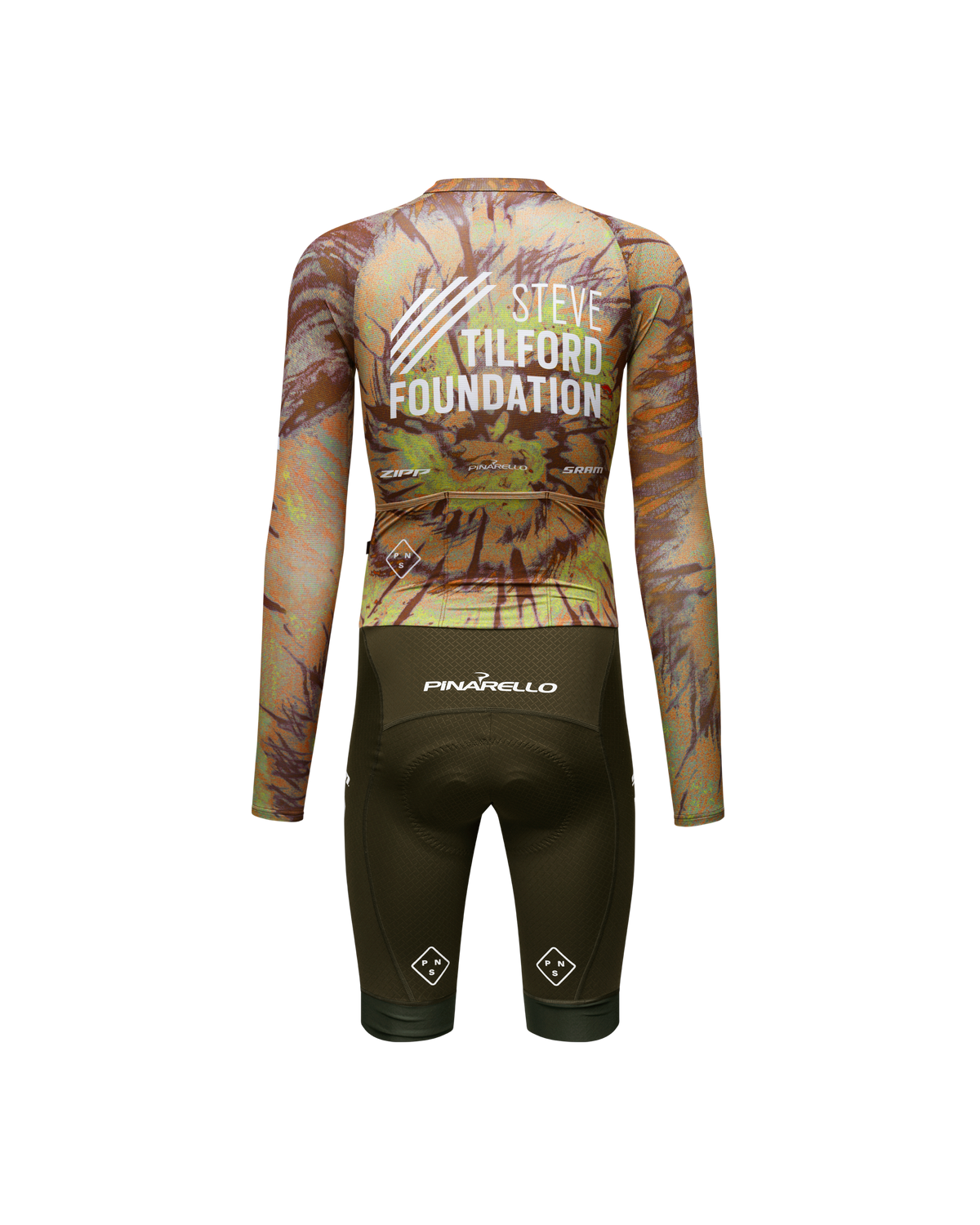 Beige STFR Mechanism long sleeve speedsuit, rear view with palm tree print and Steve Tilford Foundation logo #Color_STFR Beige