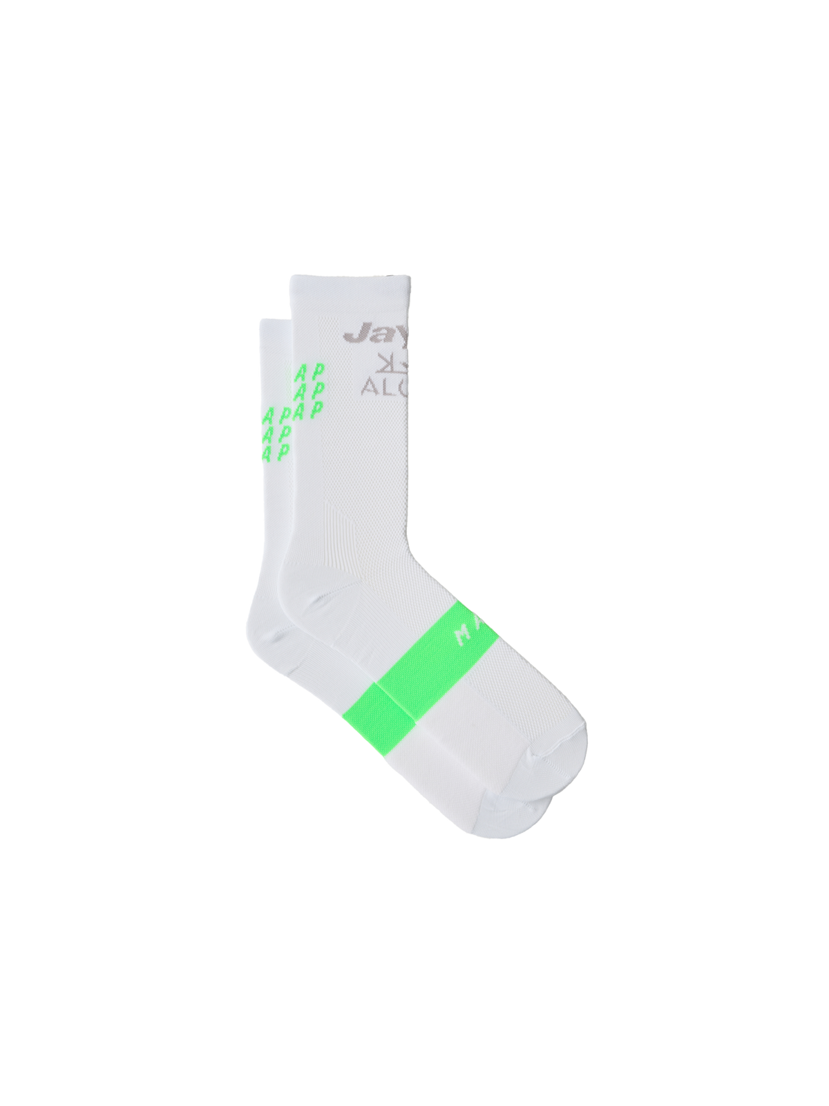 Calcetines MAAP WorldTour Sock en White/GreenEDGE, producto plano sobre fondo #Color_White/GreenEDGE