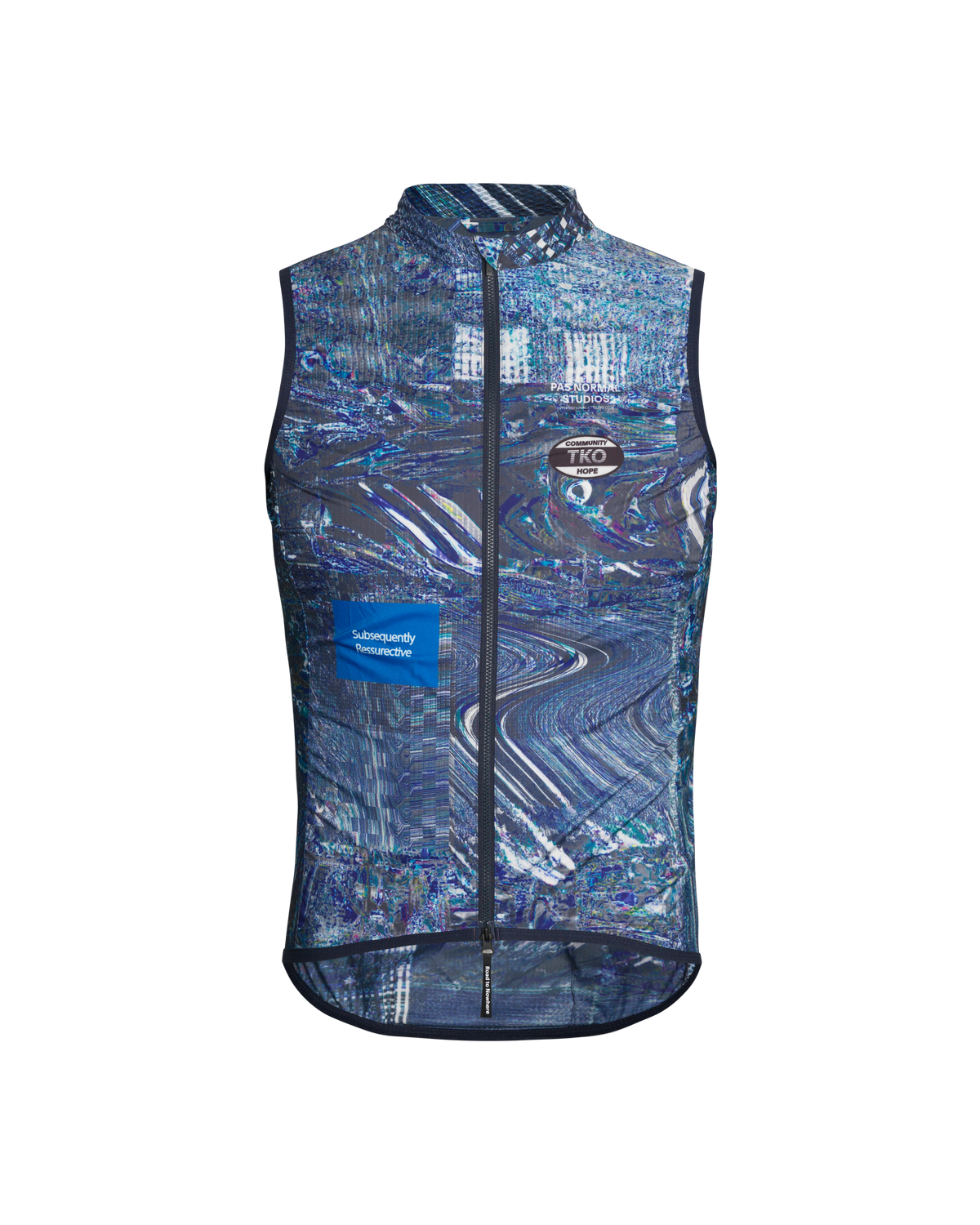 Human Error Blue T.K.O. Mechanism Stow Away cycling gilet, front flat lay with all-over glitch print and blue chest patch #Color_Human Error Blue