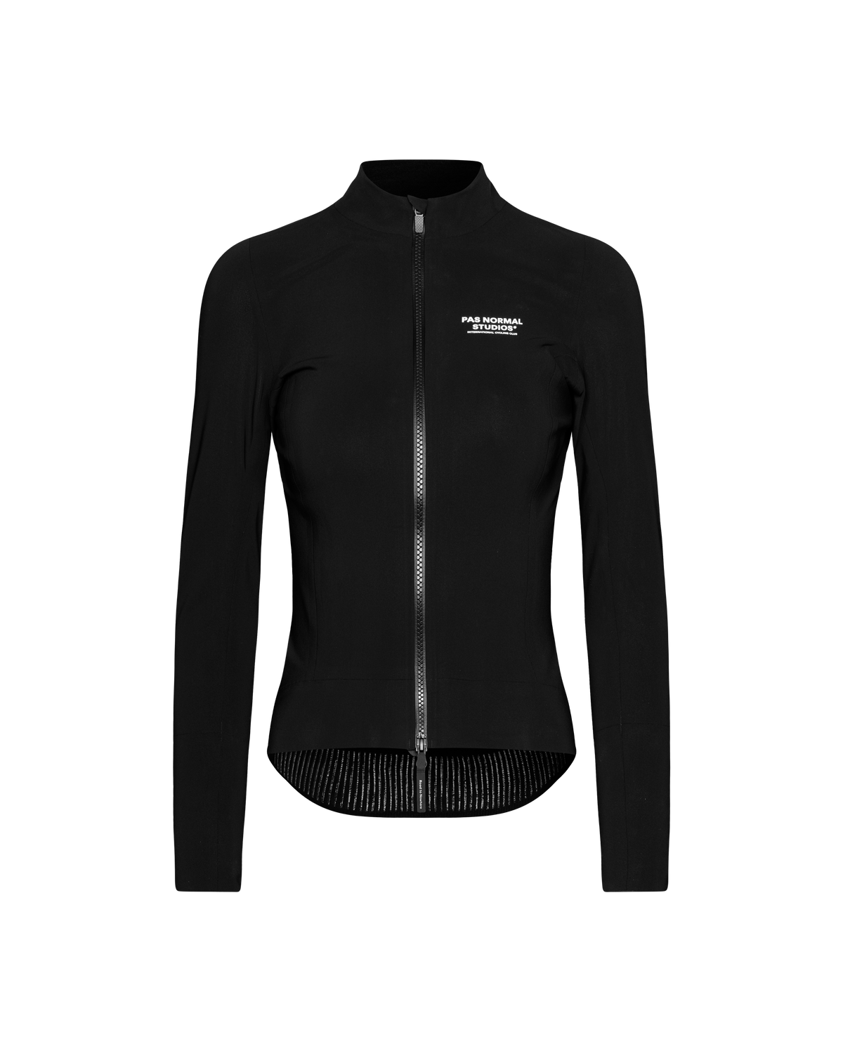 Black Mechanism Thermal women's cycling jacket, front flat lay with full zip and white chest logo #Color_Black