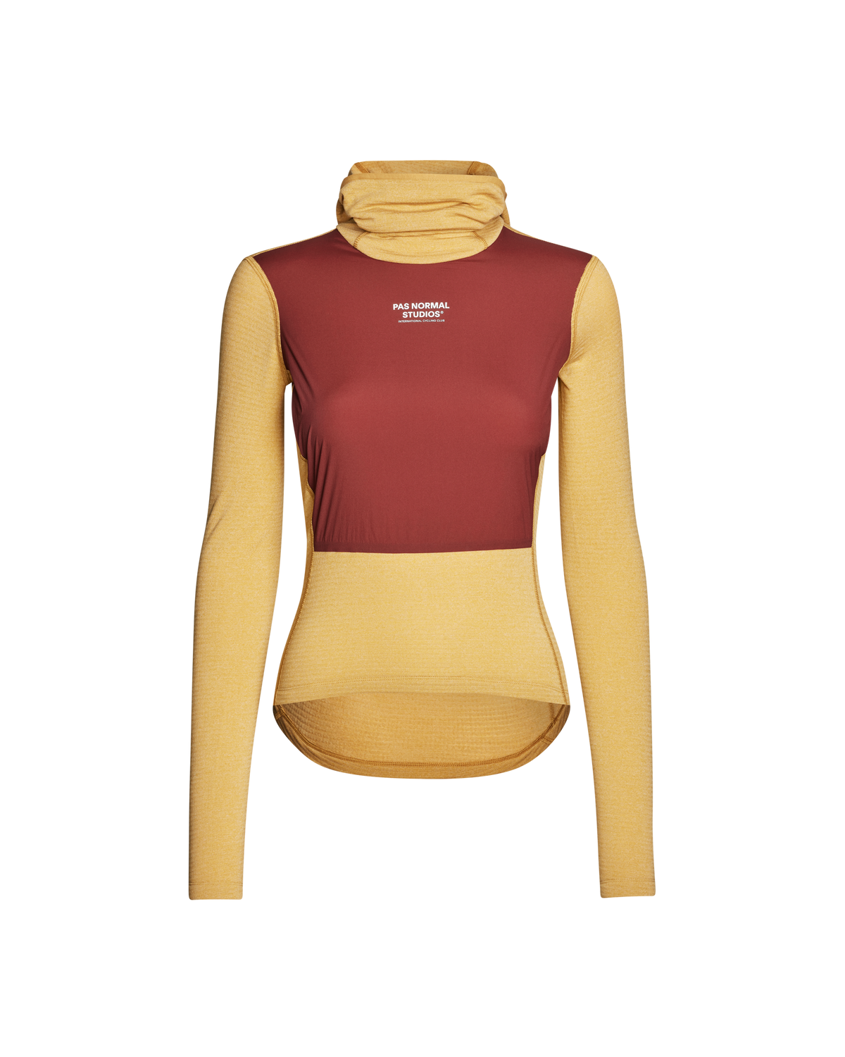 Yellow thermal hooded base layer, front view with burgundy windproof panel and white chest logo #Color_Camel / Maroon