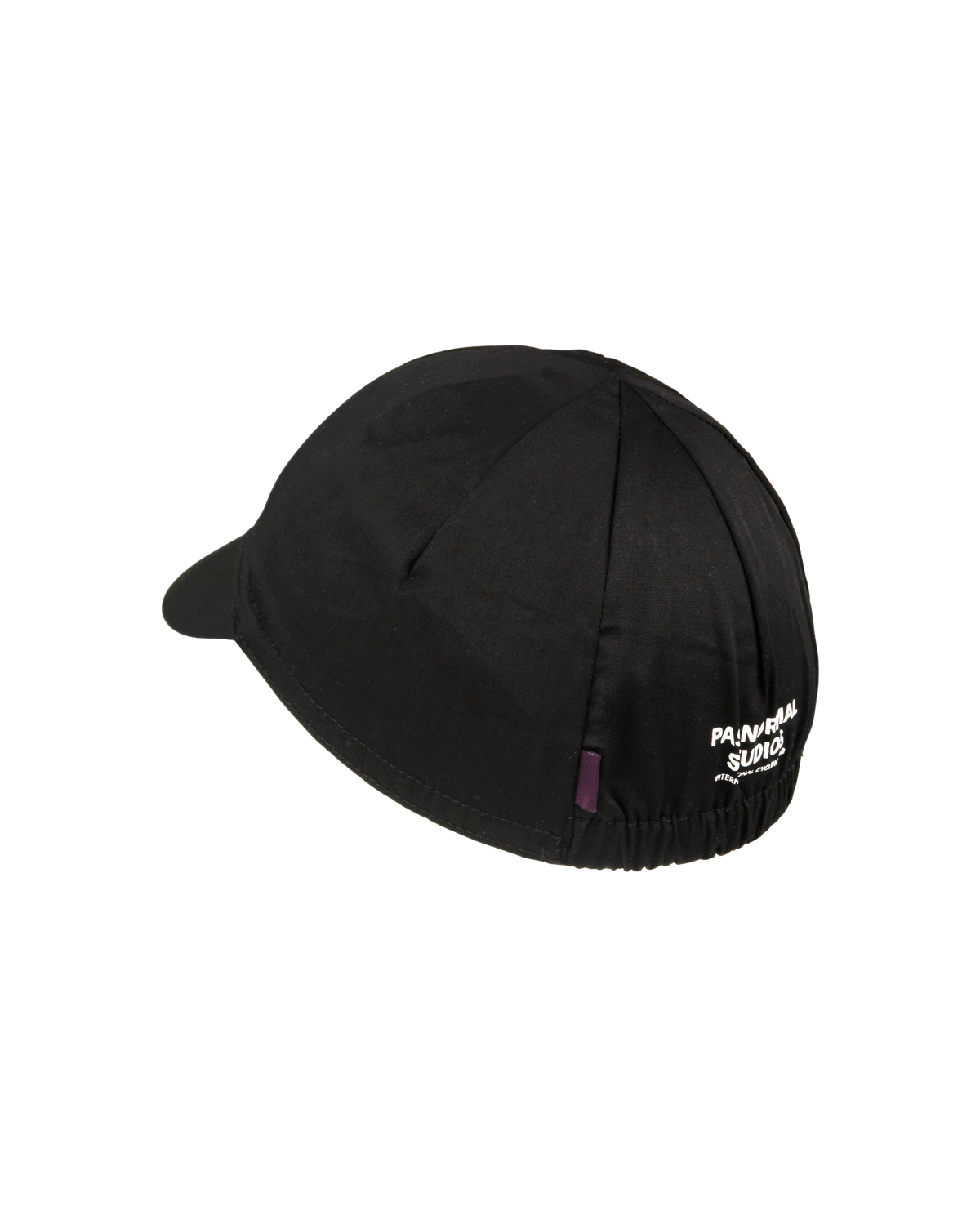 Black Logo cycling cap, side view with white embroidered logo and purple label #Color_Black
