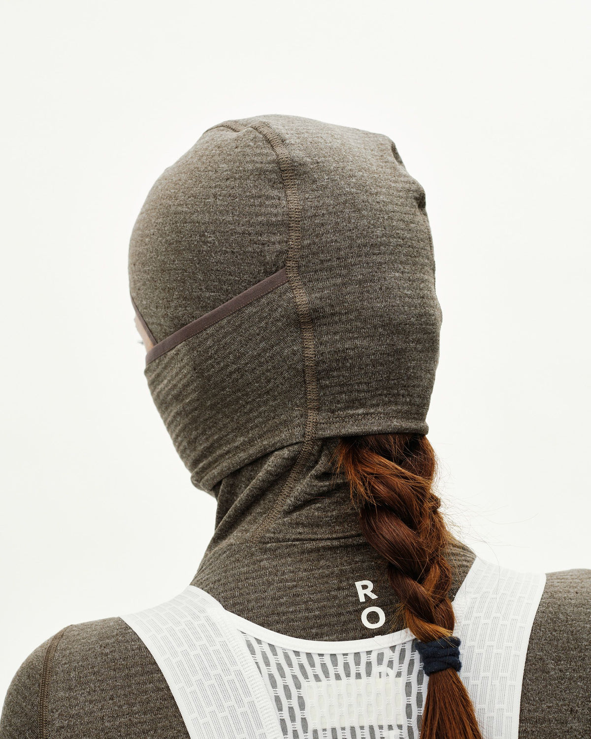 Dark Coffee brown cycling balaclava on model, rear view with center seam and neck coverage #Color_Dark Coffee