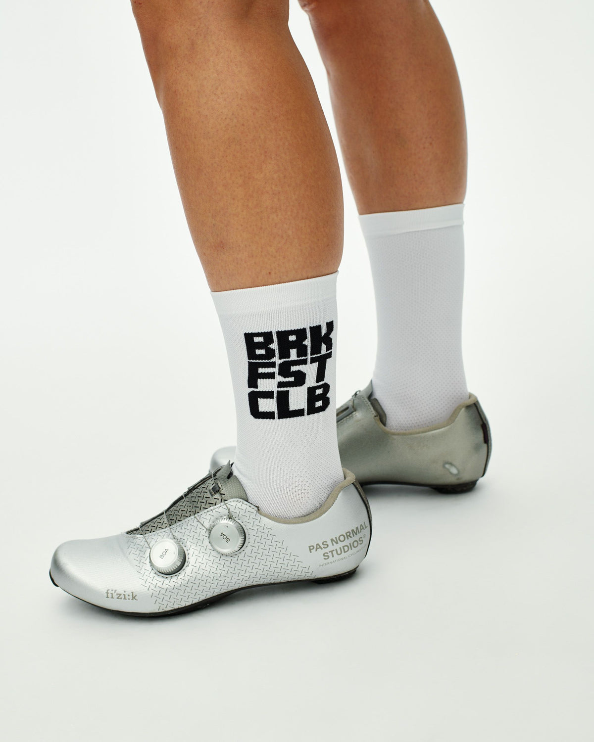 White Breakfast Club cycling socks on model with black text print #Color_White
