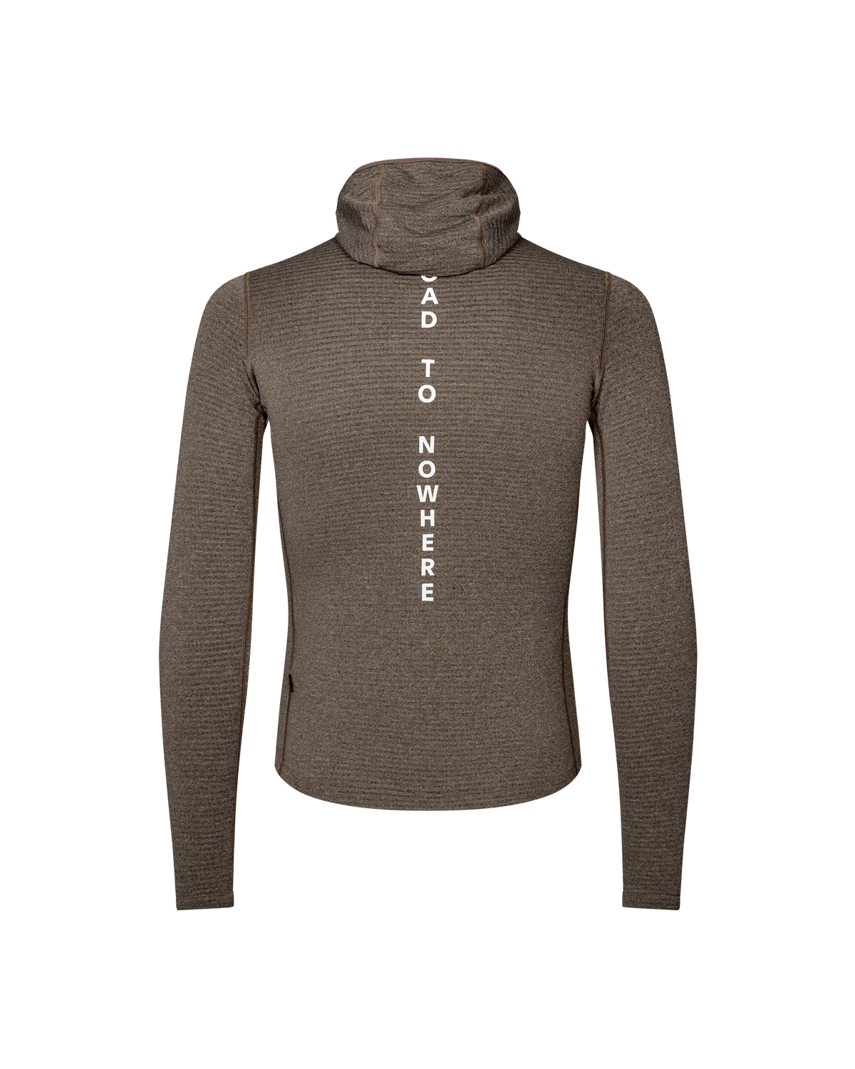 Dark Coffee brown thermal hooded windproof cycling baselayer, front flat lay with vertical white chest text print #Color_Dark Coffee