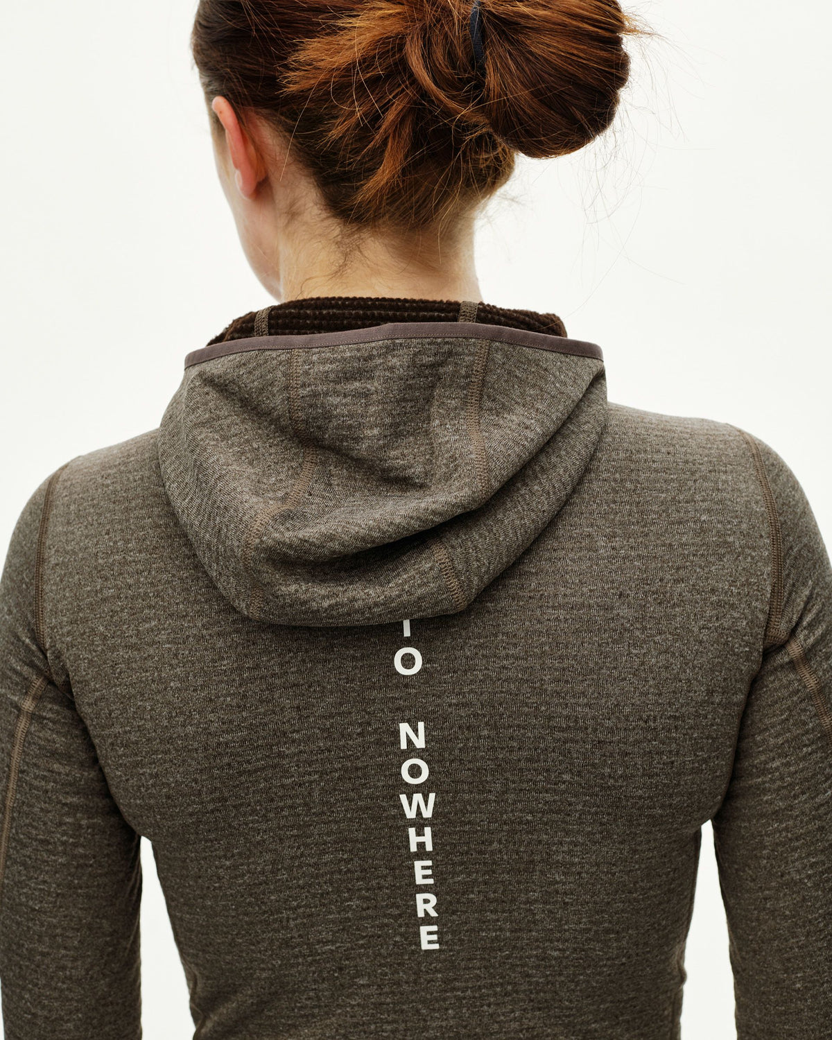 Dark Coffee brown Thermal Hooded Baselayer Windproof on model, rear view with vertical back text print #Color_Dark Coffee