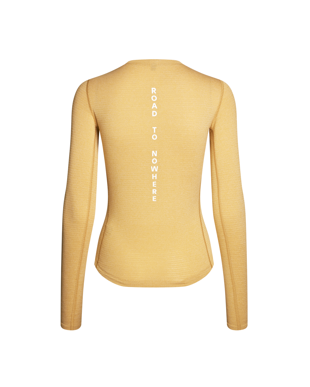 Camel thermal long sleeve base layer, rear view with white spine text reading "ROAD TO NOWHERE" #Color_Camel