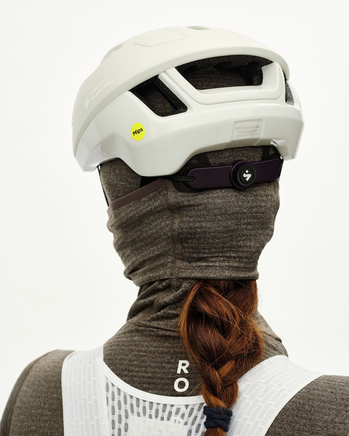 Dark Coffee brown Women's Thermal Hooded Baselayer Windproof on model, rear view with neck gaiter pulled up #Color_Dark Coffee