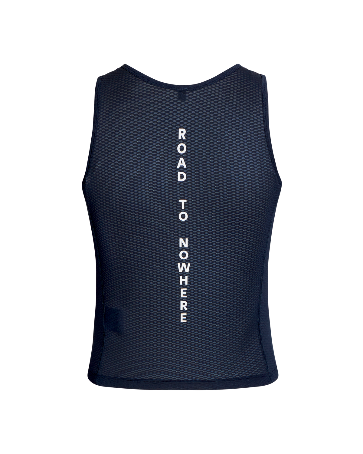 Navy Mechanism sleeveless base layer, front view with white vertical "ROAD TO NOWHERE" text #Color_Navy