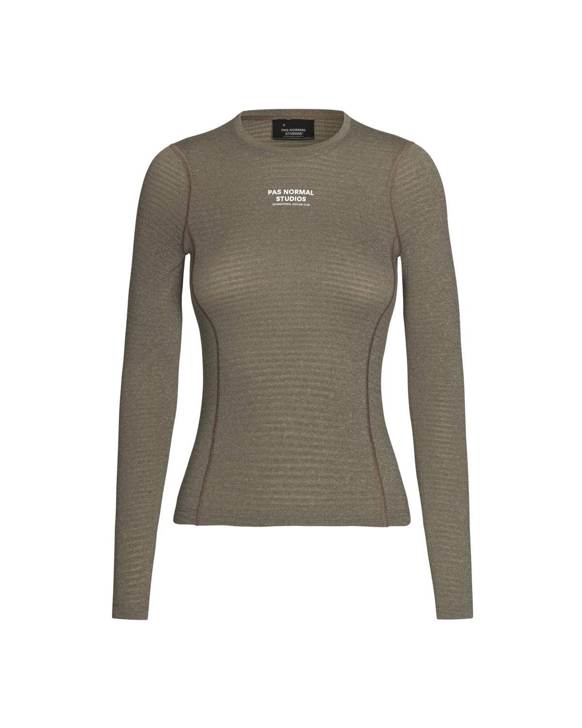 Dark Stone thermal long sleeve base layer on model with white chest print #Color_Dark Stone