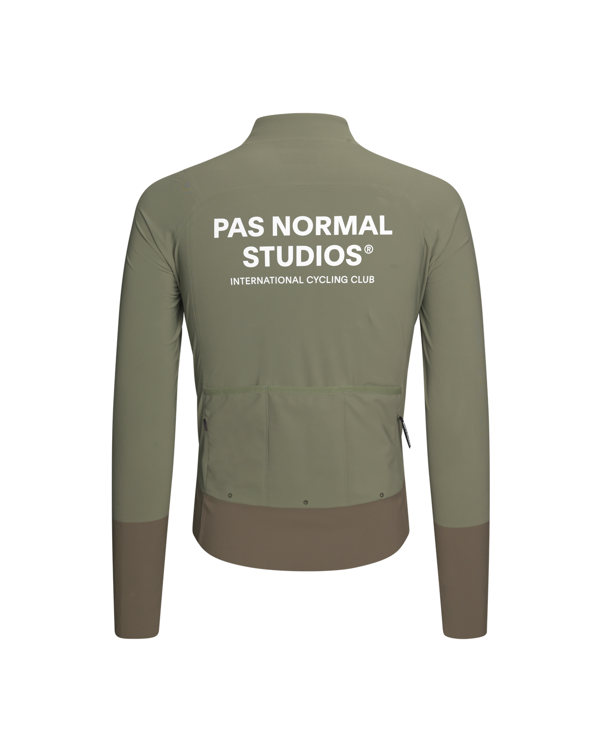 Green Mechanism Thermal cycling jacket, rear flat lay with white back print #Color_Army Green / Dark Stone