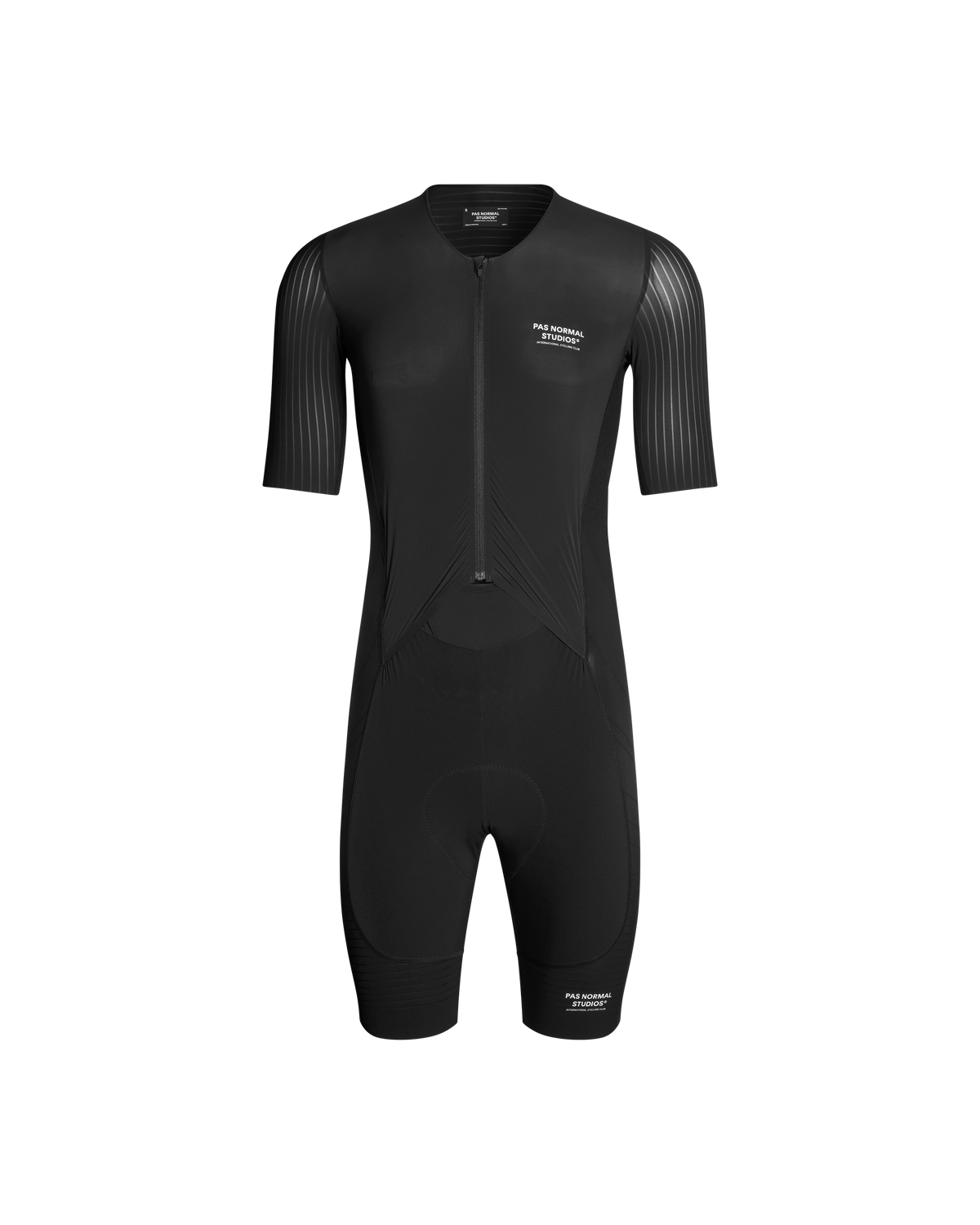 Black Mechanism Pro Speedsuit cycling skinsuit, front view with ribbed sleeves #Color_Black