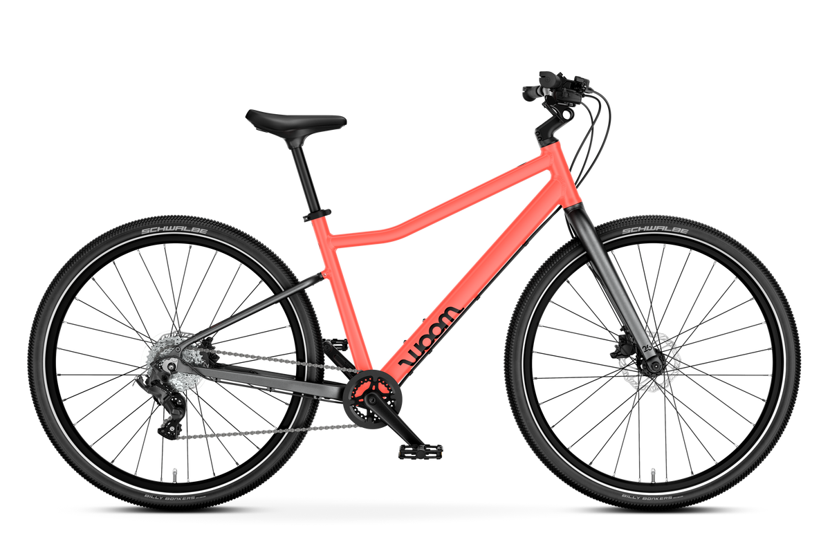 Bicicleta infantil woom EXPLORE 6 en Coral neón, lateral #Color_Coral neón