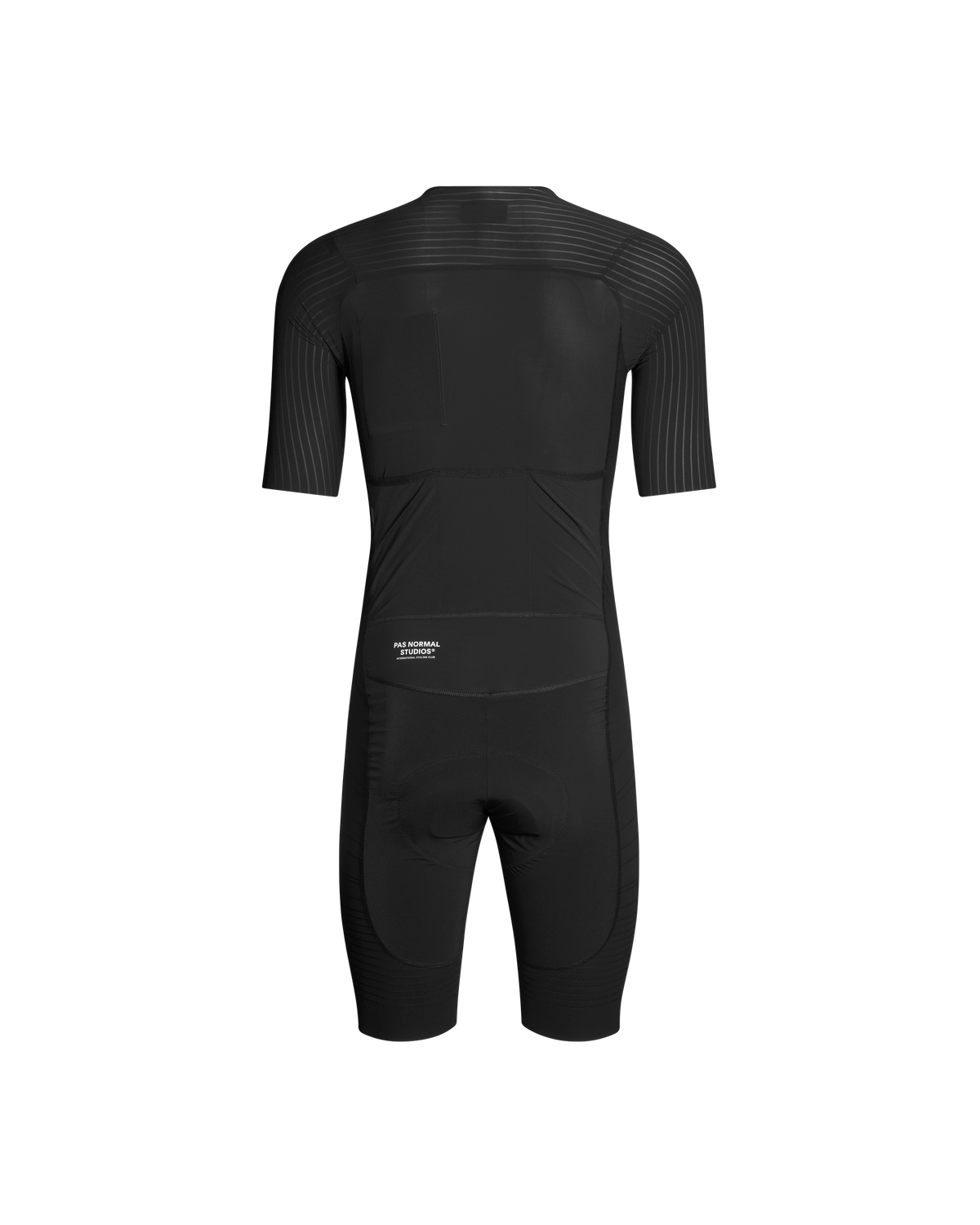 Black Mechanism Pro Speedsuit cycling skinsuit, rear view with striped shoulder and arm panels #Color_Black