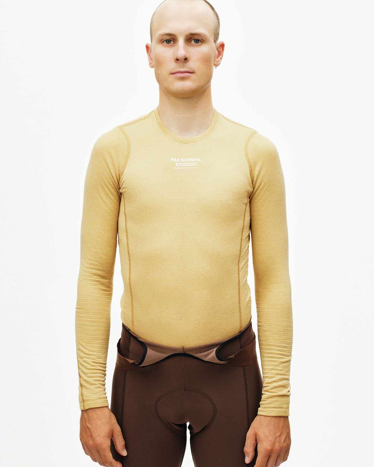 Camel thermal long sleeve base layer on model with white chest logo #Color_Camel
