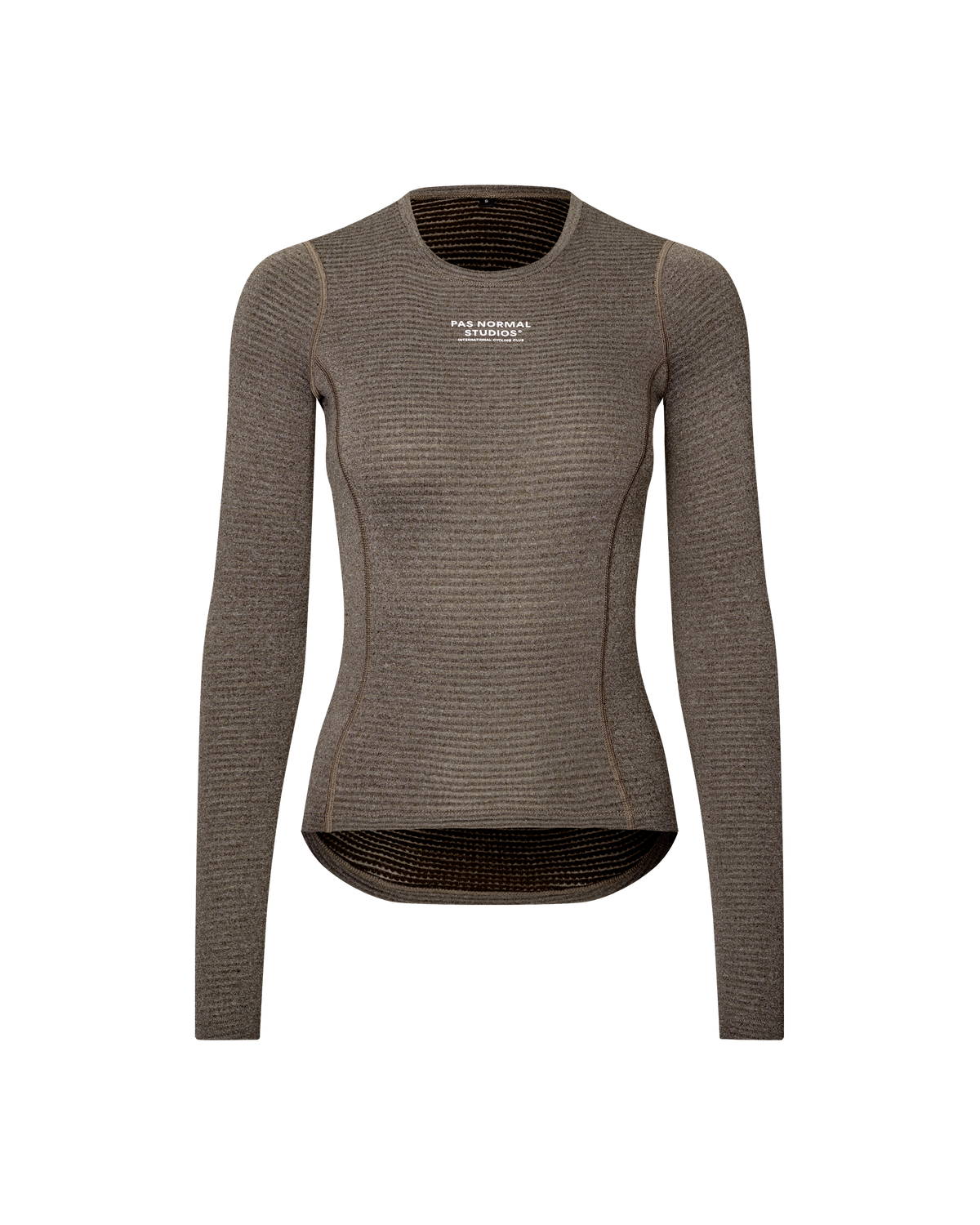 Dark Coffee brown Women's Thermal Long Sleeve cycling baselayer, front flat lay with ribbed texture and white chest logo #Color_Dark Coffee