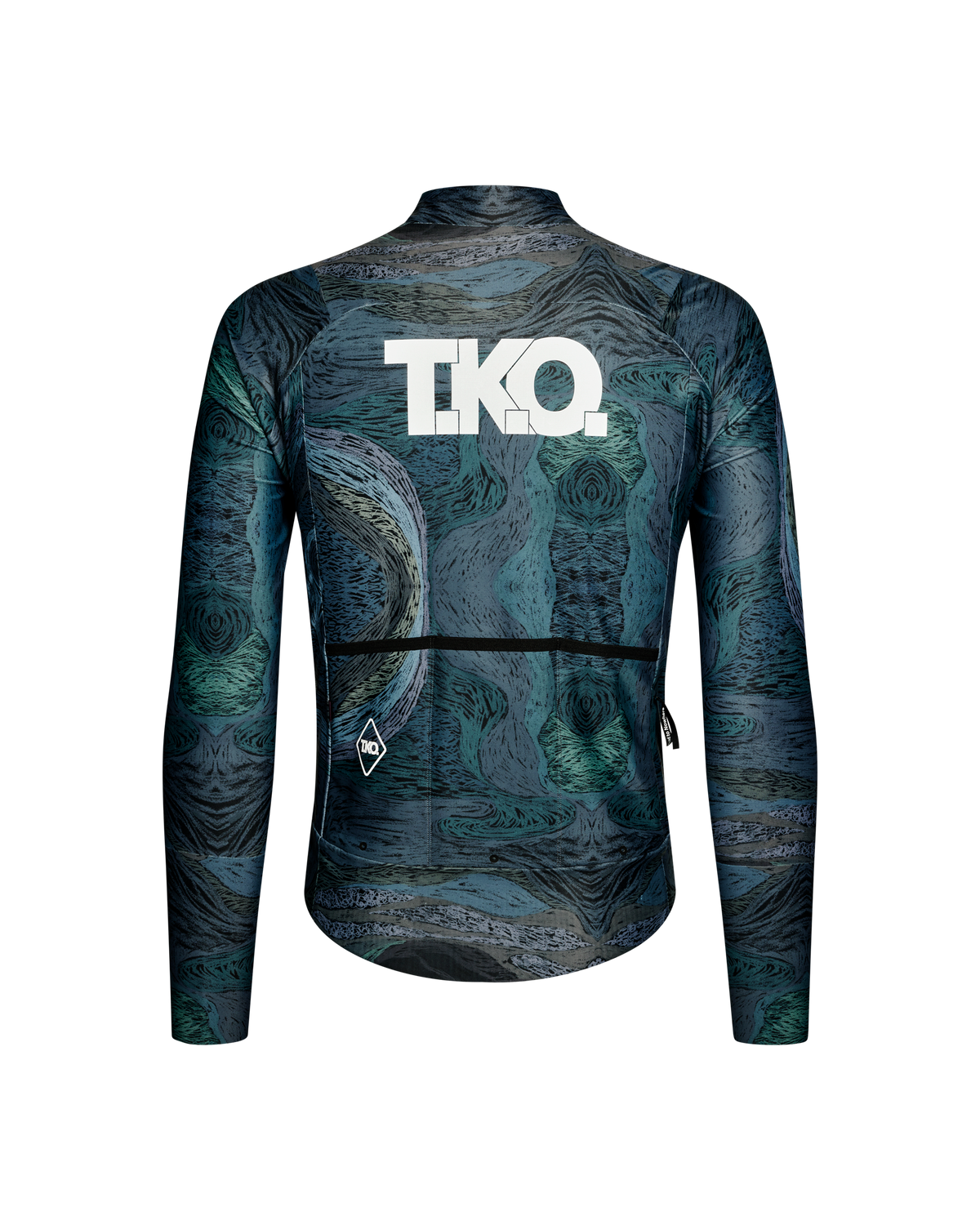 Dark Multi T.K.O. Mechanism Thermal cycling jacket, rear flat lay with swirling AOP print and white T.K.O. back logo #Color_T.K.O. Dark Multi