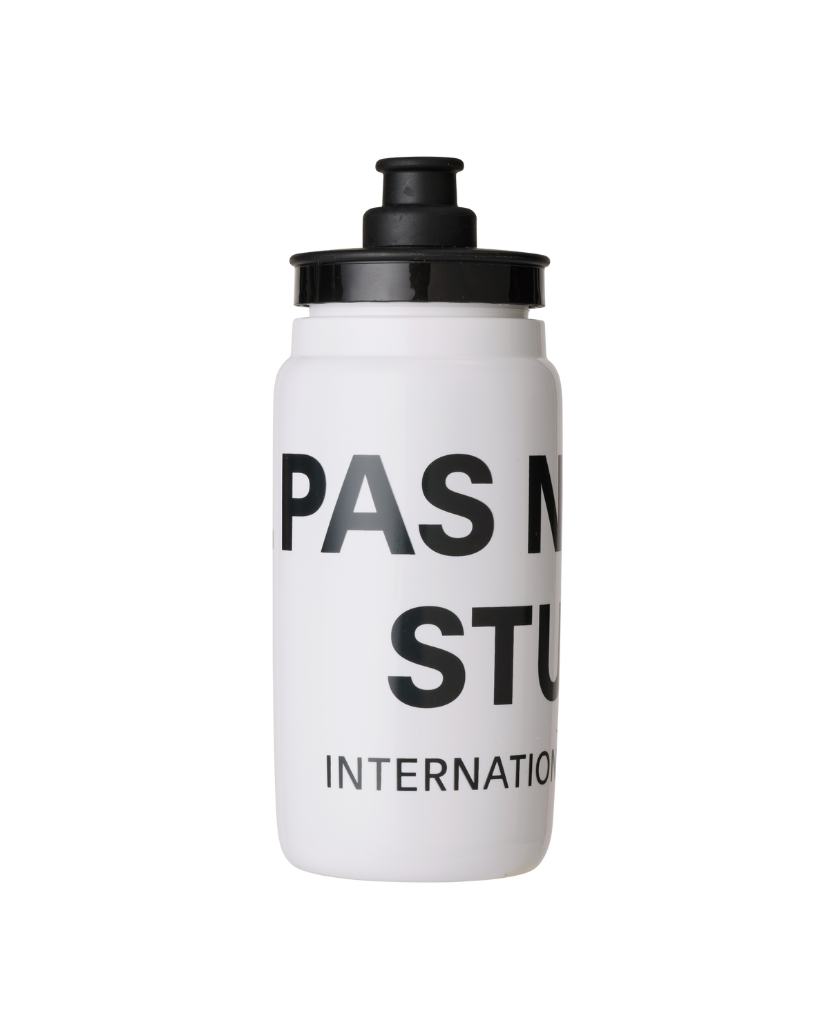 White Logo Race cycling water bottle with black cap and branded text #Color_White
