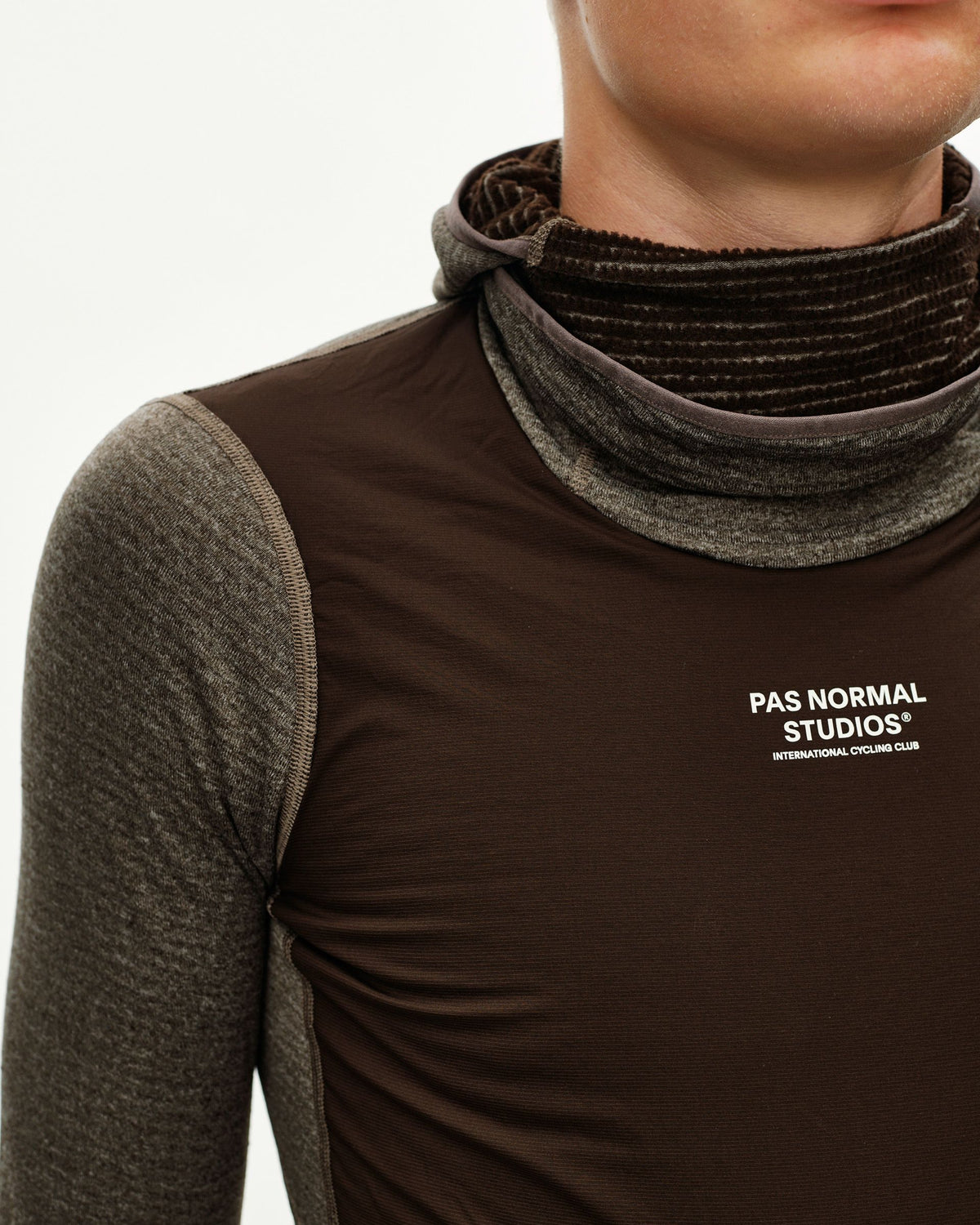 Dark Coffee brown Thermal Hooded Windproof cycling base layer, front detail with ribbed neck gaiter and chest logo print #Color_Dark Coffee