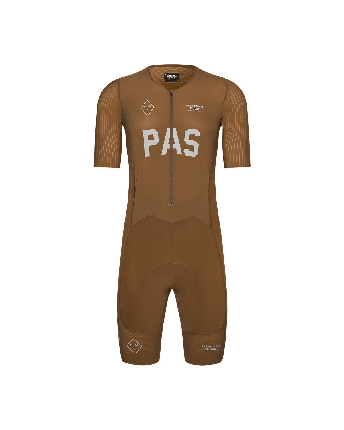 Brown PAS Mechanism Pro cycling speedsuit, front view with ribbed sleeves and white chest print #Color_Brown