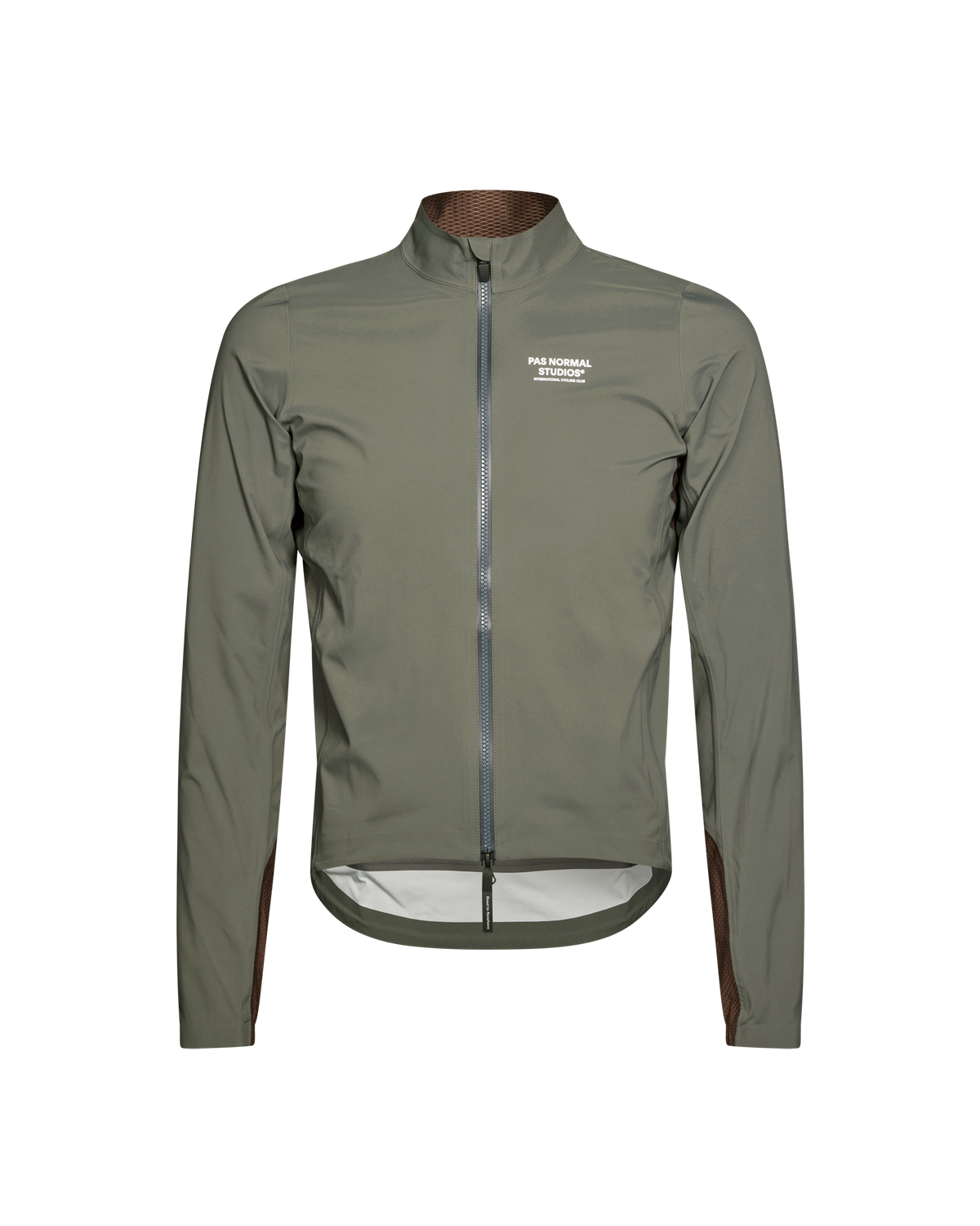 Dark Grey Mechanism Shell cycling jacket, front flat lay with full zip and white chest logo #Color_Dark Grey