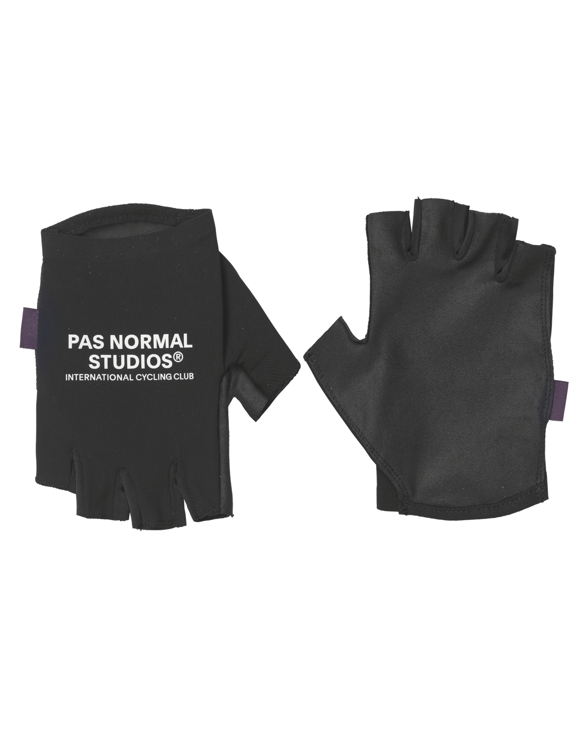 Black Logo Race cycling mitts, flat lay pair with white logo print and purple trim #Color_Black