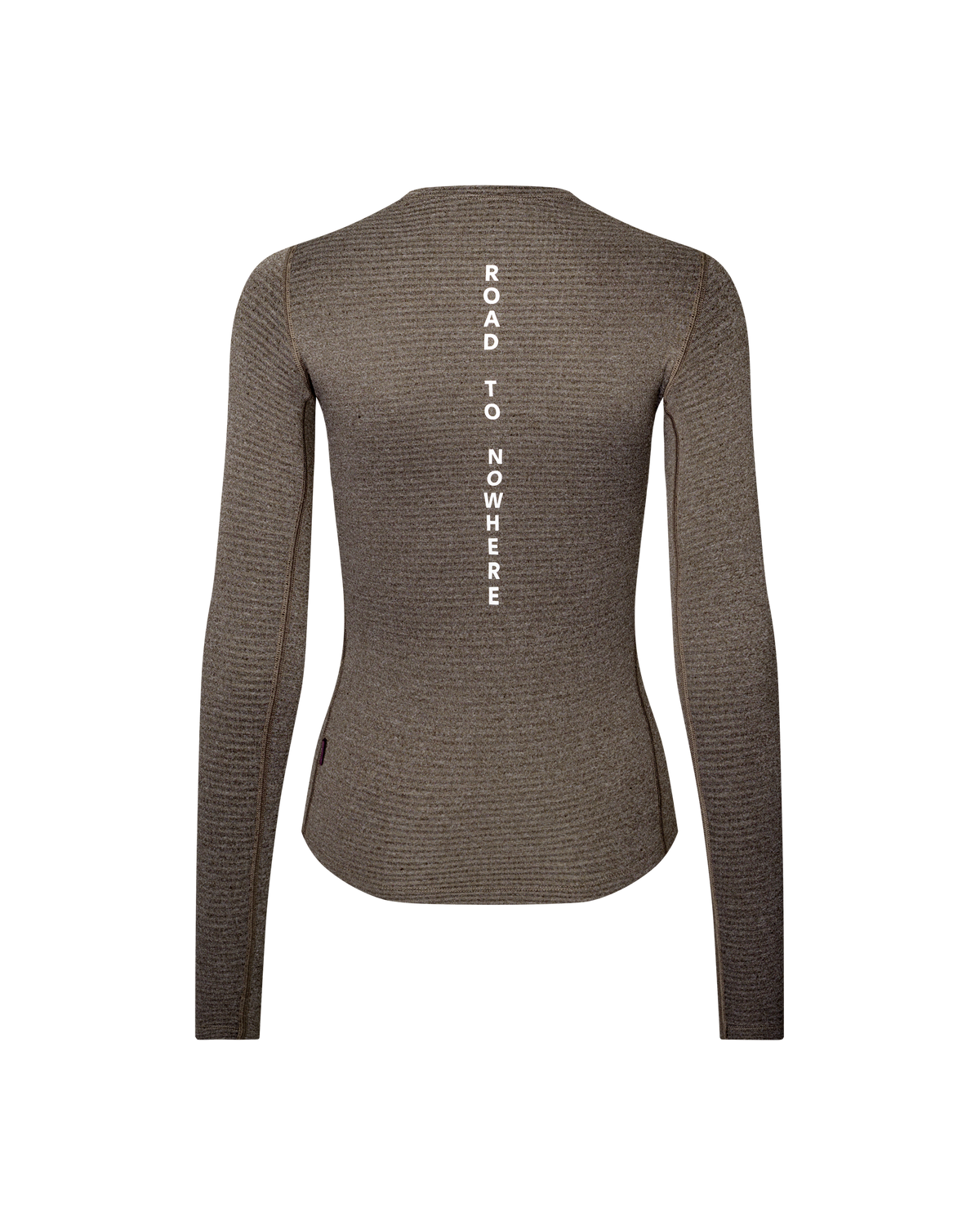 Dark Coffee brown women's cycling long sleeve baselayer, rear flat lay with vertical white Road To Nowhere back print #Color_Dark Coffee