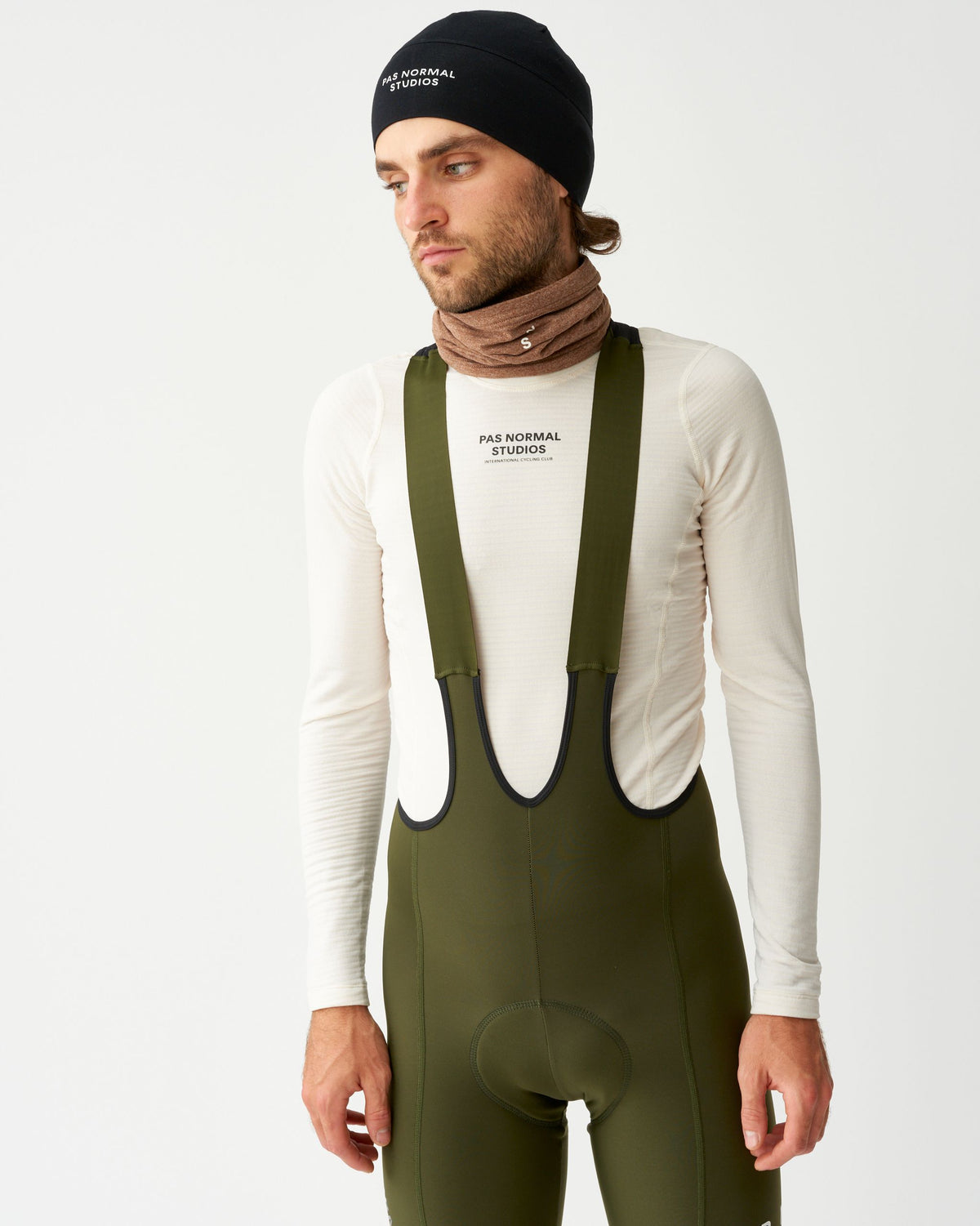 Off White thermal long sleeve base layer on model, front view with ribbed texture #Color_Off White
