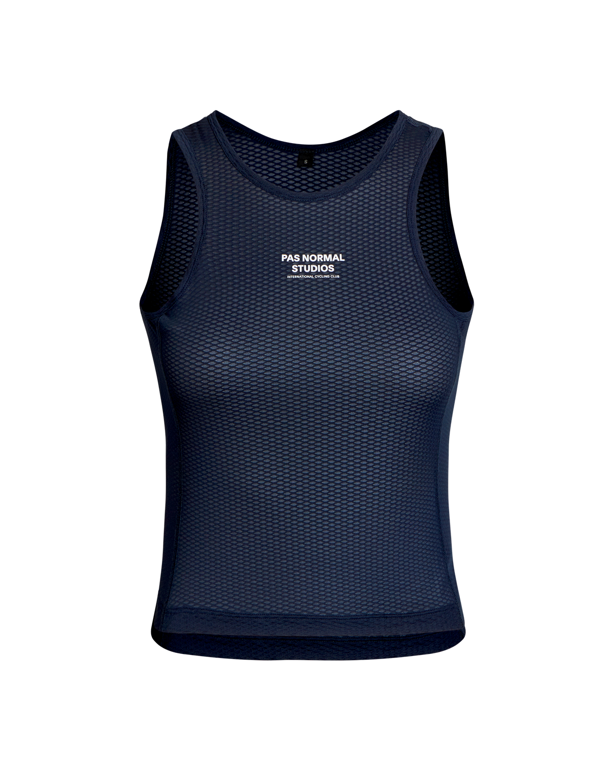 Navy Mechanism sleeveless base layer, front flat lay with mesh construction #Color_Navy